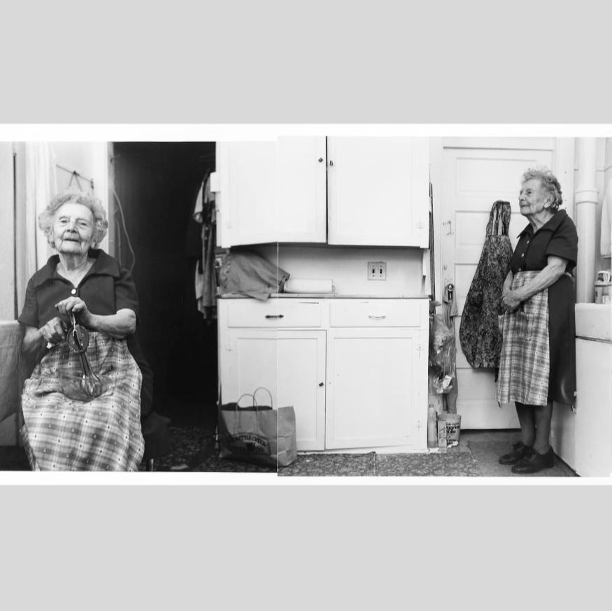 Black and white three panel of elderly woman in her kitchen. First panel she is seated holding egg beater, second standing with apron.