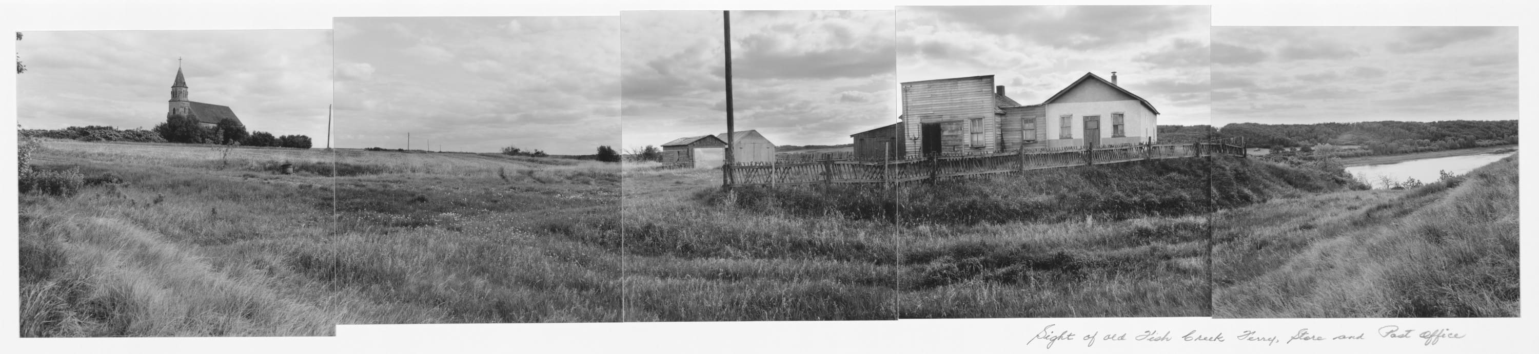 Black and white five panel panorama photo of the site of Fish Creek, including old church, old farm house and barns, and river.
