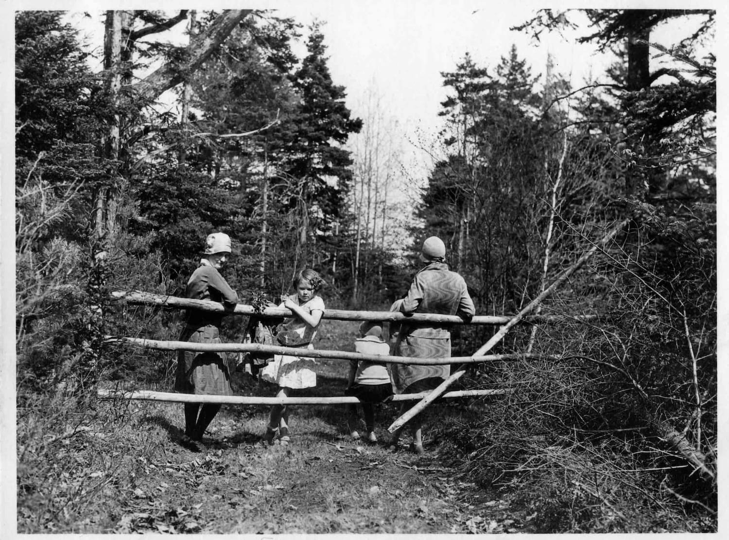 Four figures in a forest by a fence, two facing camera, two with backs to camera. Thelma as a child faces camera.