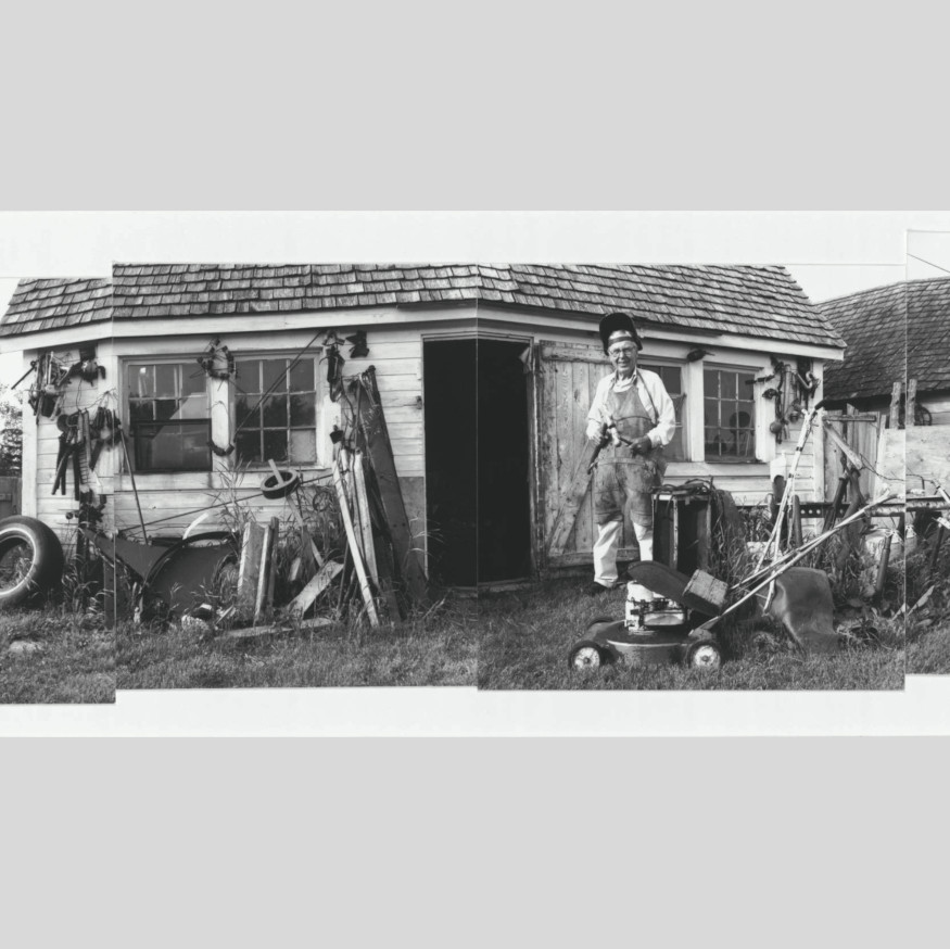 Black and white four panel photo of elderly man standing proudly holding a blacksmith tool in front of his small rural blacksmith shed.
