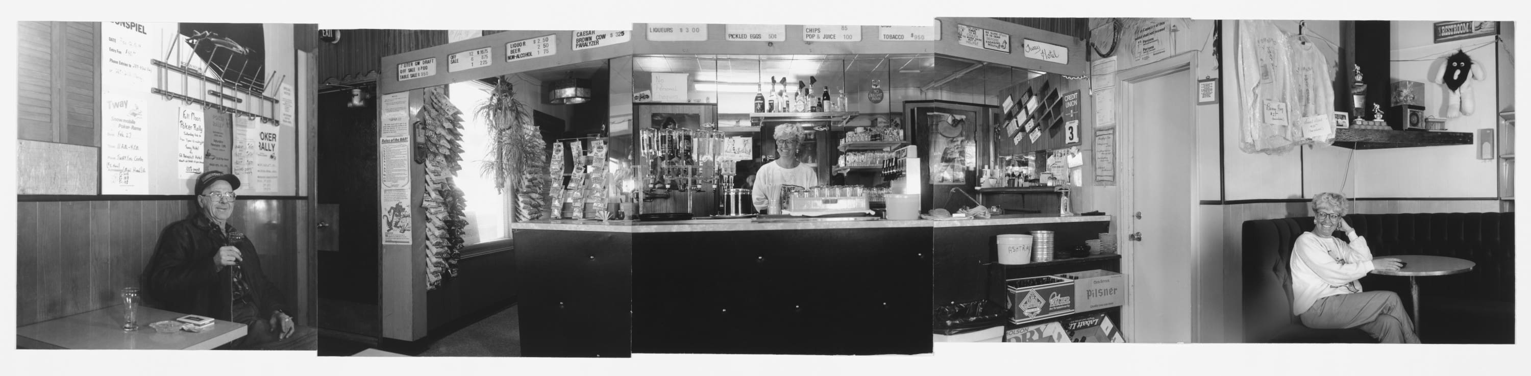 Black and white five panel panorama: woman in centre panel behind bar, and same woman in far-right panel smiling, male patron far-left panel, smiling with glass of beer in hand.