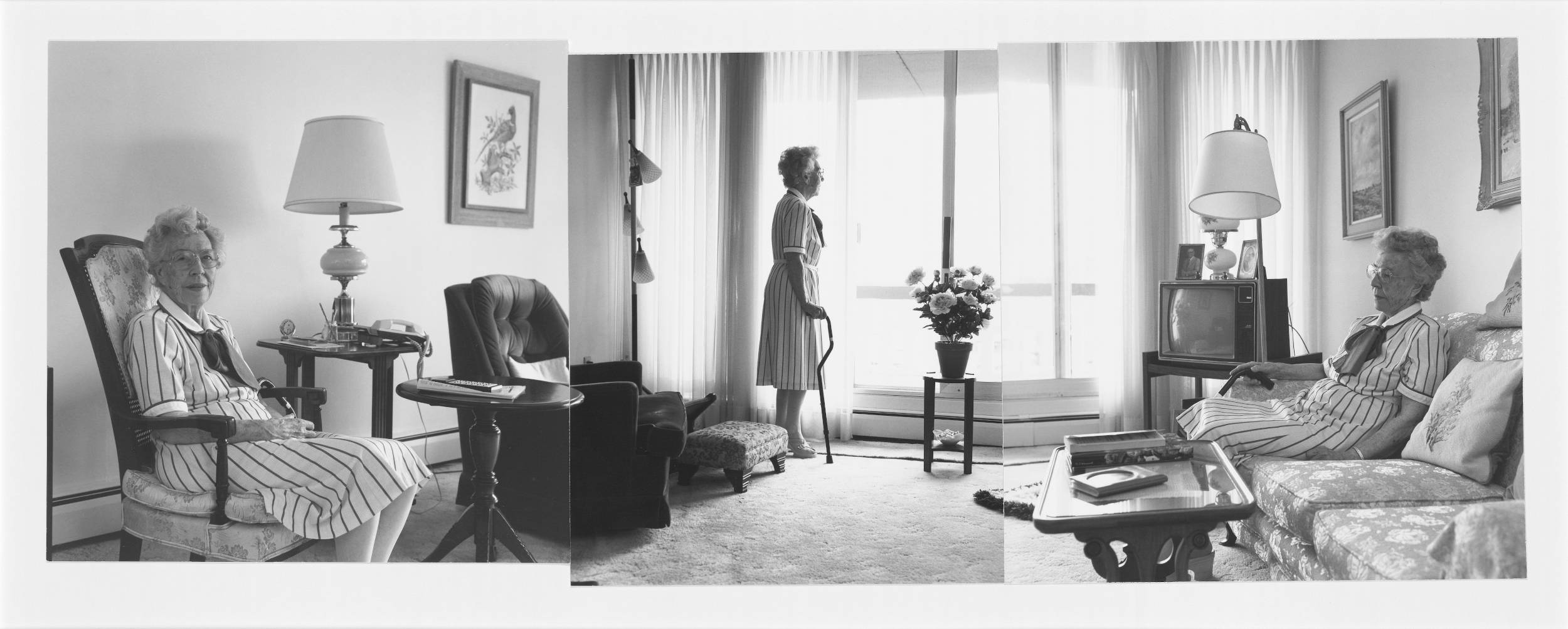 Black and white three panel photo of elderly woman at home.
