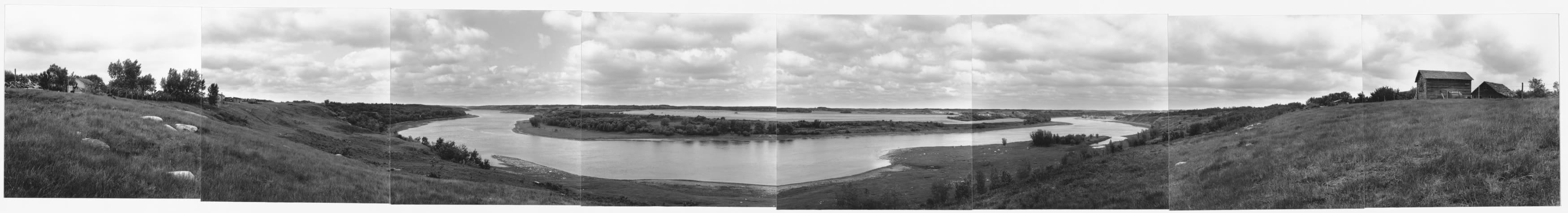 Black and white eight panel panorama of the South Saskatchewan River winding through the prairie landscape.
